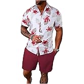GORGLITTER Men's Hawaiian Matching Set Summer Beach 2 Piece Outfits Flower Button Down Shirts and Shorts Set