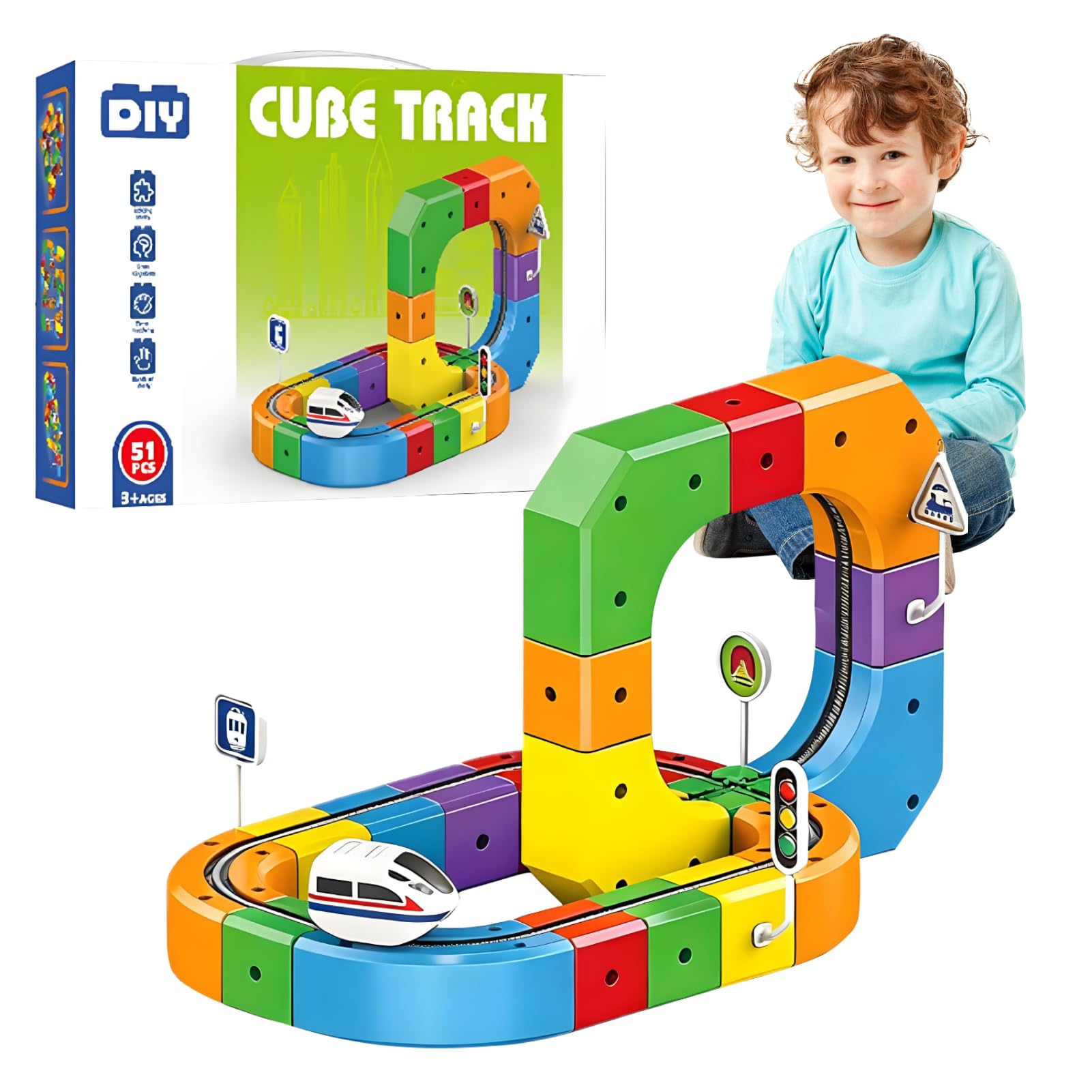 Clickrail Electric Train Set, Magic Rail Cube Train Set, with Gravity-Defying Motorized Car DIY Cube Stem Building Car Track Toys for Kids Boys Girls Gift (51pcs)