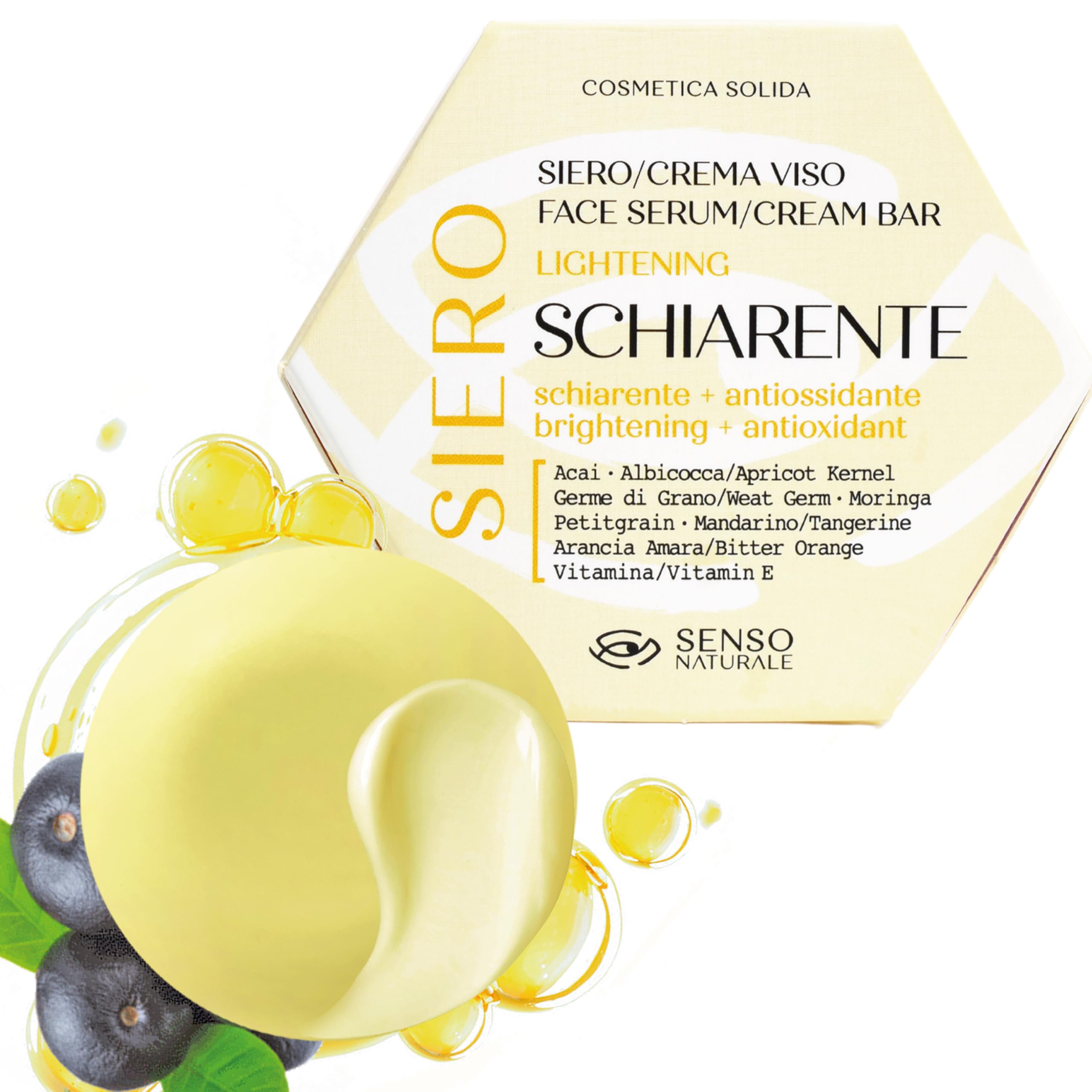 Senso Naturale Solid Face Serum Illuminating and Clarifying, Face Cream for Dull, Tired and Enzymatic Skin,Antioxidant Night Mask with Vitamin E, 100% Natural Organic and Vegan