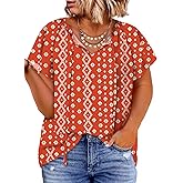 Eytino Women Plus Size Tops Boho Printed V Neck Short Sleeve Drawstring Casual Chiffon Shirts Blouse(1X-5X)