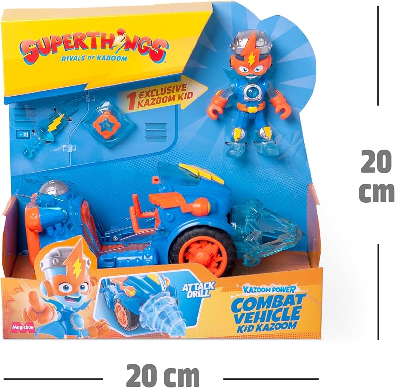 SUPERTHINGS KAZOOM Power – Combat Vehicle Kid Kazoom. Vehículo de Combate de Kid Kazoom de la Serie de TV “Kazoom Power”.Contiene 1 Combat Vehicle, 1 Kid Kazoom Exclusivo, 1 Arma y 1 Accesorio
