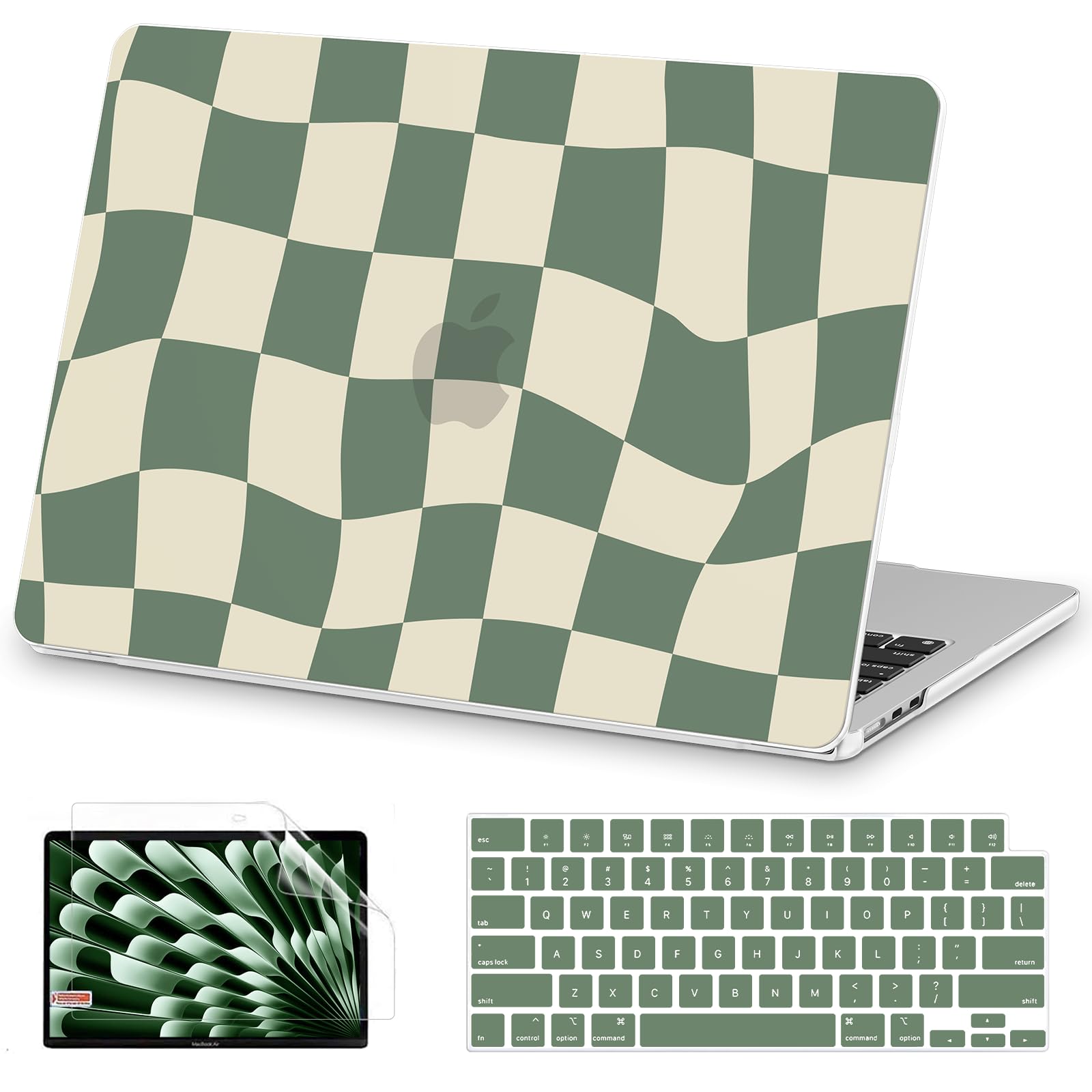 Photo 1 of AKIT Compatible with MacBook Air 13 inch Case 2025 2024-2022 M4 M3 M2 A3240 A3113 A2681, Unique Pattern Hard Shell Laptop Case+Screen Protector+Keyboard Cover for Mac Air 13.6 inch, Green Checkboard