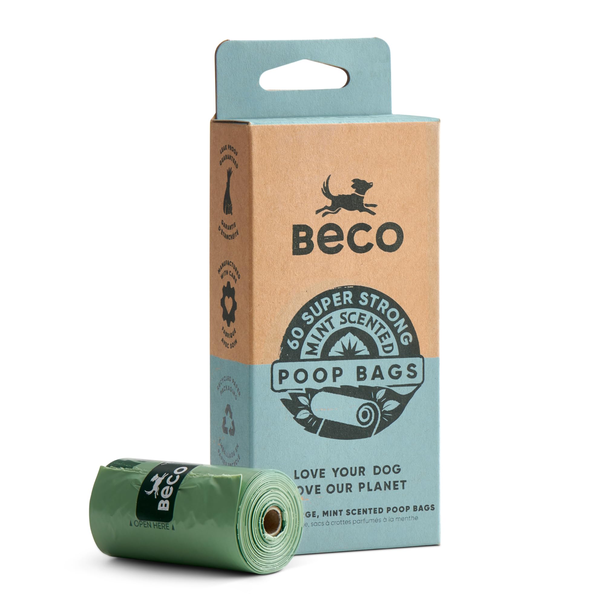 Beco Dog Poo Bags - Strong, Leakproof & Large - 100% Recycled Plastic, Extra Thick Dog Poop Bags, Heavy Duty - Mint Scented Refill Rolls, 60 Count