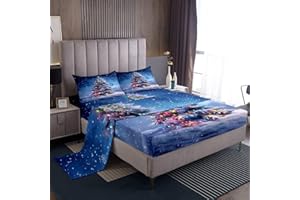 Feelyou Christmas Bed Sheets Set King Size Xmas Tree Bed Set Colored Light Strips Deep Pocket Fitted Sheet Snowflake Breathab
