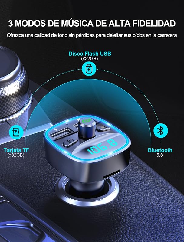 Transmisor FM Bluetooth Coche con Puertos USB Duales (5V/2.4A & 1A) — foto 4 de 7
