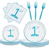 1st Birthday Decorations for Boys Blue First Birthday Party Tableware Set Baby boy Party Dessert Plates Napkins for 25 Guests