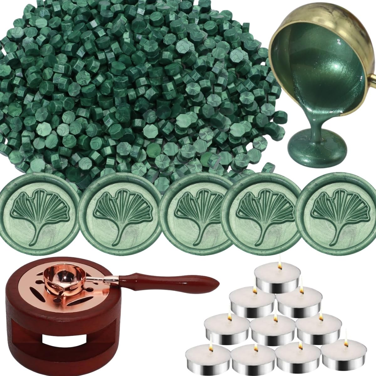 Sealing Wax Beads Kit, Atopbb 300pcs Mixed Red Color Wax Seal Beads, 1pcs Wooden WaxSeal Warmer, 1pcs Melted Spoon and 10pcs Tea Candles for WaxSealing Stamp Kit (300, Pine Green)