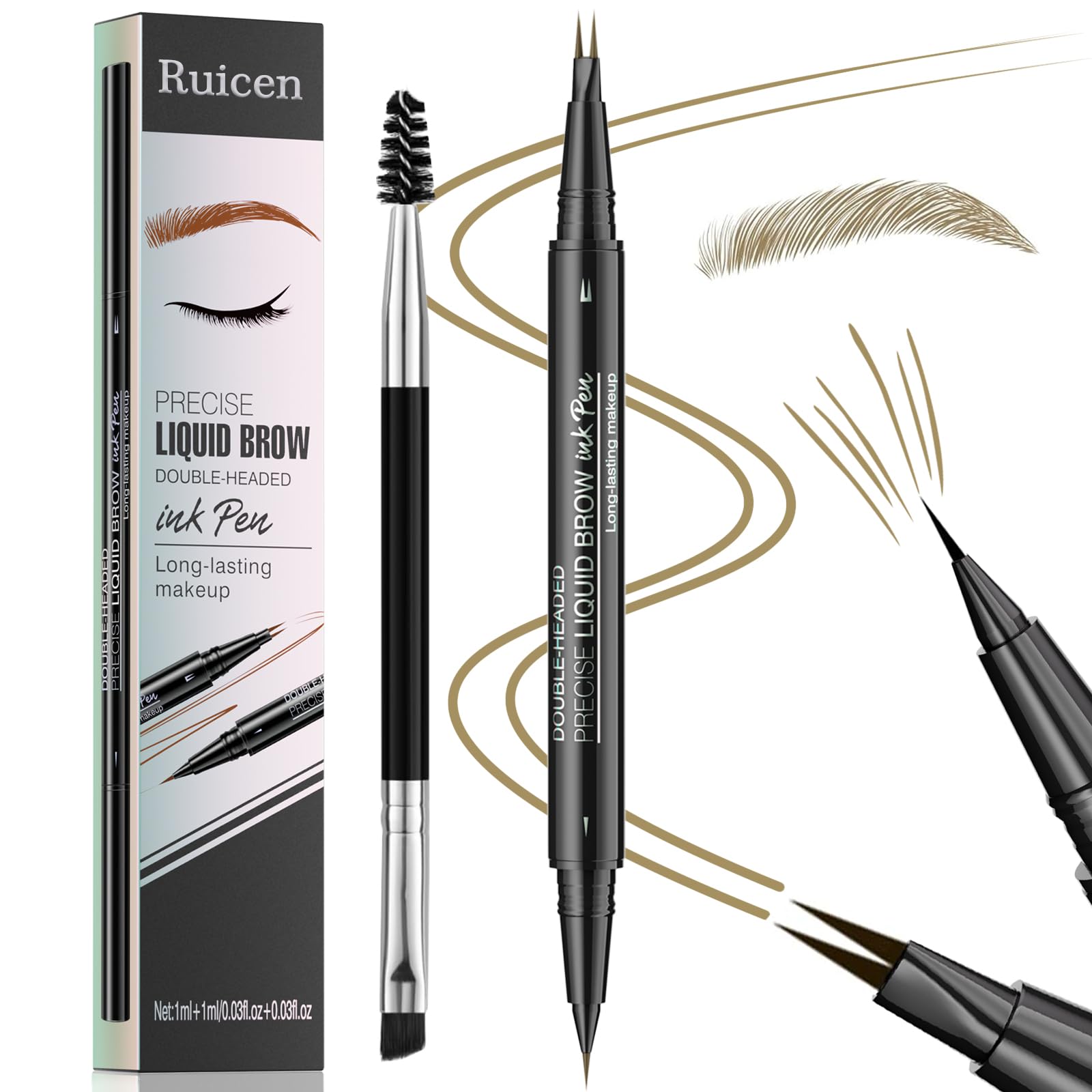 Eyebrow Pen - Eyebrow Pencil, Ruicen Microblading Eyebrow Pen 2-in-1 Dual-Ended Eye brow Pen with Micro-Fork-Tip and Precise Brush-Tip Create Natural Hair-Like Brows, Last All-Day, Light Brown