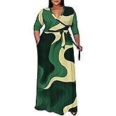 FANDEE Plus Size Maxi Dress Casual 3/4 Sleeve V-Neck Floral Flowy Long Dress with Belt