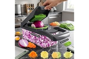 Multifunctional Vegetable Chopper with 14 Pieces, Mandoline Slicer with Interchangeable Blades, Storage Container, Green and 