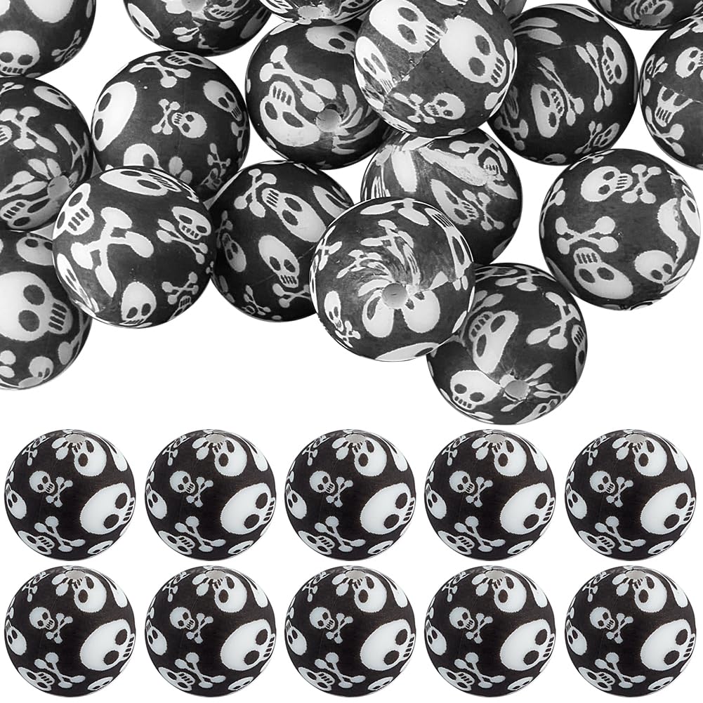 SUNNYCLUE 1 BOX 50PCS Silicone Halloween Spacer Beads Skeleton Beads Small Black White Gothic Skull Head Ghost Soft Spacer Loose Beads Bulk for jewellery Making Beading Kit Bracelets Diy Craft Supplie