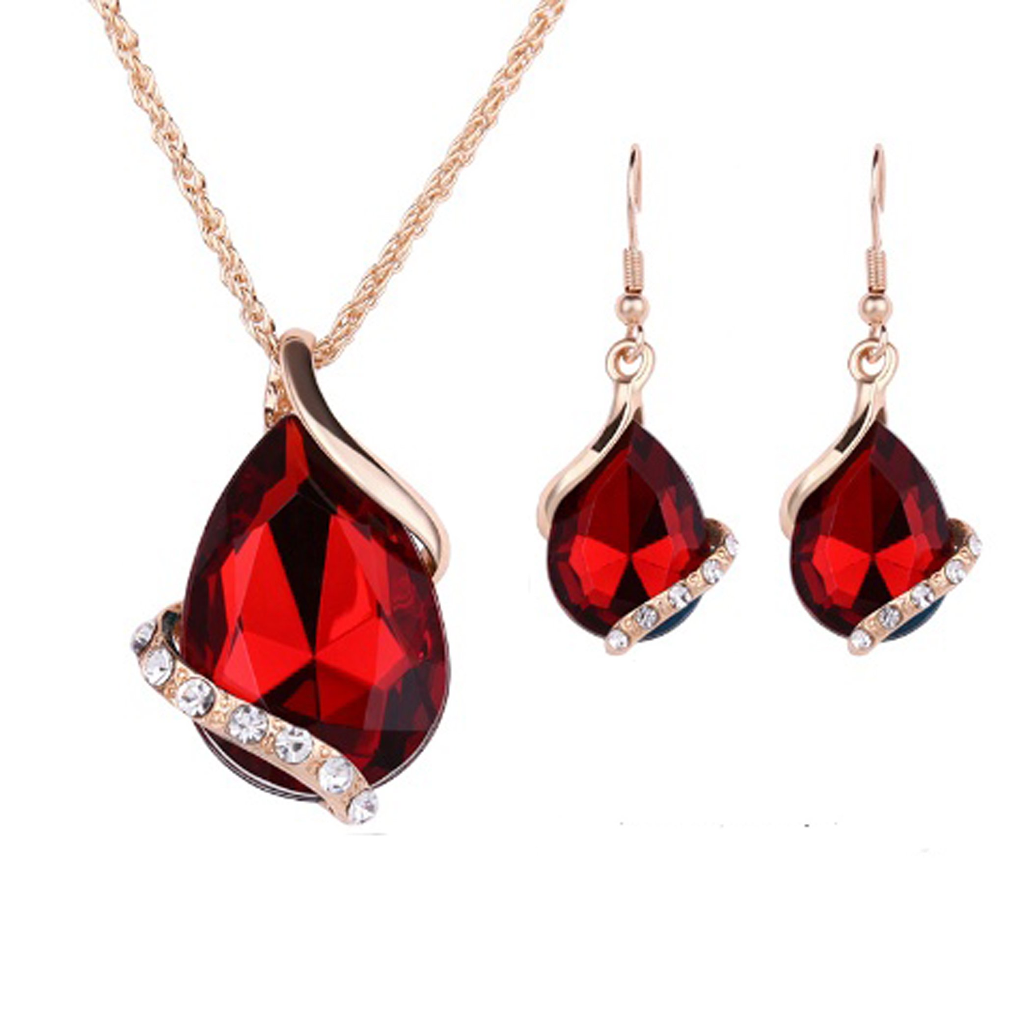 IzuBizu London Womens 18CT Gold Plated Colour Gold Red Tear Drop Shape Necklace and Earrings Jewellery Set Anniversary Wedding Birthday Easter