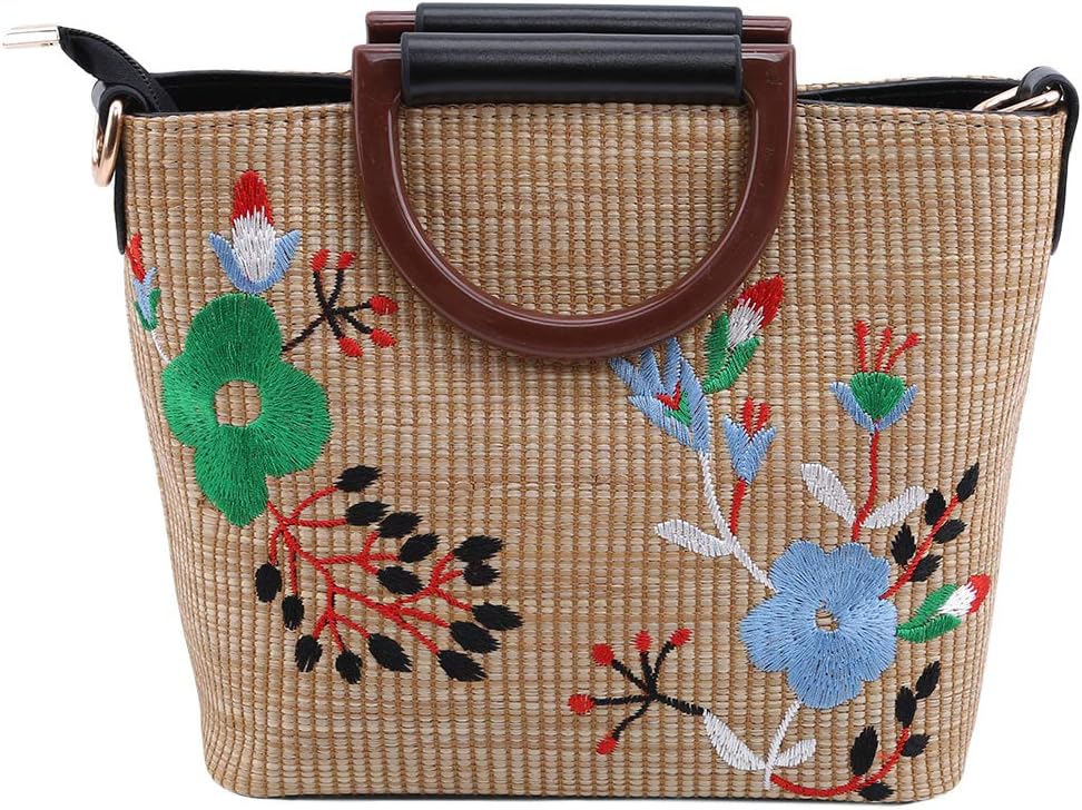 Women Embroidered Bag Flower Rattan Pattern Handbag Large Shoulder Bag,Black