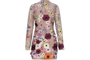 LMDUDAN Mini Dress for Women Floral Embroidered Long Sleeve Bodycon Party Dress Sexy Mesh Sheer Fitted Evening Dresses