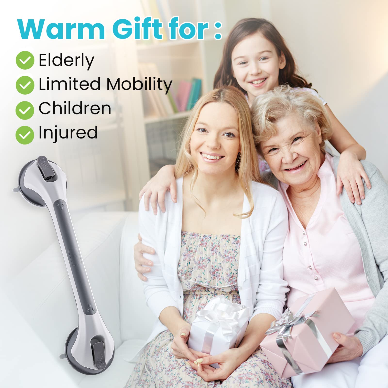 TAILI Shower Grab Bar 16 Inch Suction Cup Grab Bars for Bathroom, Removable Shower Safety Handle Heavy Duty Bathtub Grip for Seniors & Elderly, Strong Handrails No Drilling Waterproof, Grey