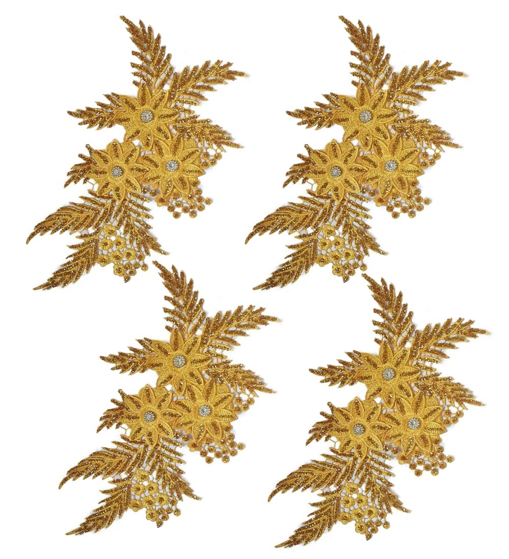Photo 1 of 4 Pack 3D Flower Sequin Applique with Rhinestone Glitter Beaded Floral Embroidered Patch Fabric Lace Trim for Wedding Bridal Dress Gown Bag Pillow Ornaments (Gold)