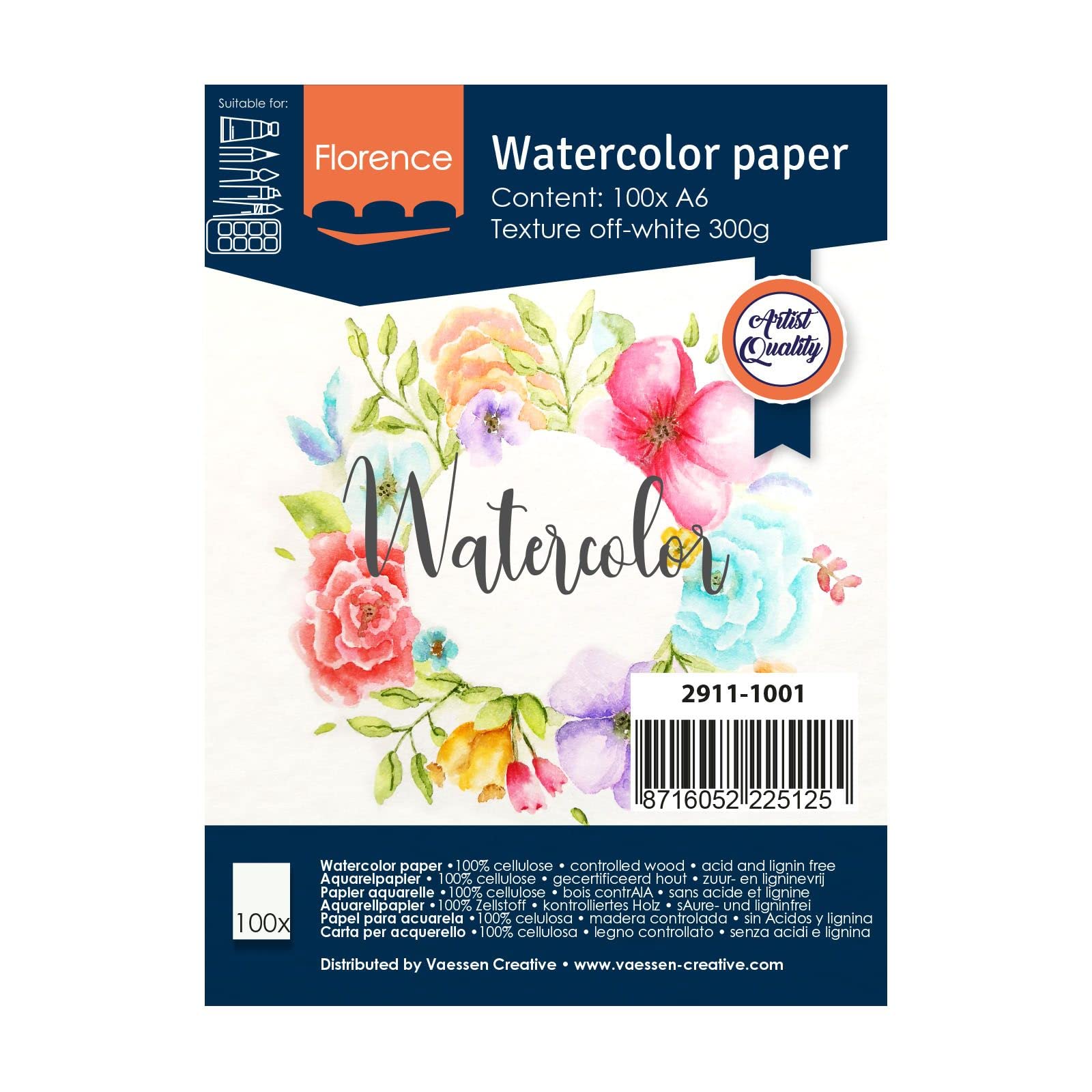 Vaessen Creative Florence Watercolour Paper A6, Ivory, 300 GSM, Artist Grade Quality, Textured Surface, 100 Sheets for Painting, Handlettering, Art Projects