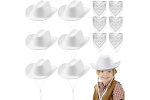 Unittype 12 Pcs Kids Cowboy Hat Set Western Cowgirl Hat and Polyester Bandanas for Boys Girls Cosplay Costume Party Favors(White,Classic)