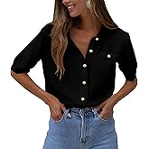 PRETTYGARDEN Women's Summer Button Down Shirts Casual Short Sleeve Crew Neck Ribbed Knit Blouse Top Cardigans