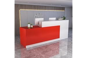 SUZEPER Modern Reception Desk with Counter,Front Desk Reception Counter with Lockable Drawers,Wooden Business Retail Counter Checkout Counter,Office/Beauty Salon/Lobby(63" W, White Red)