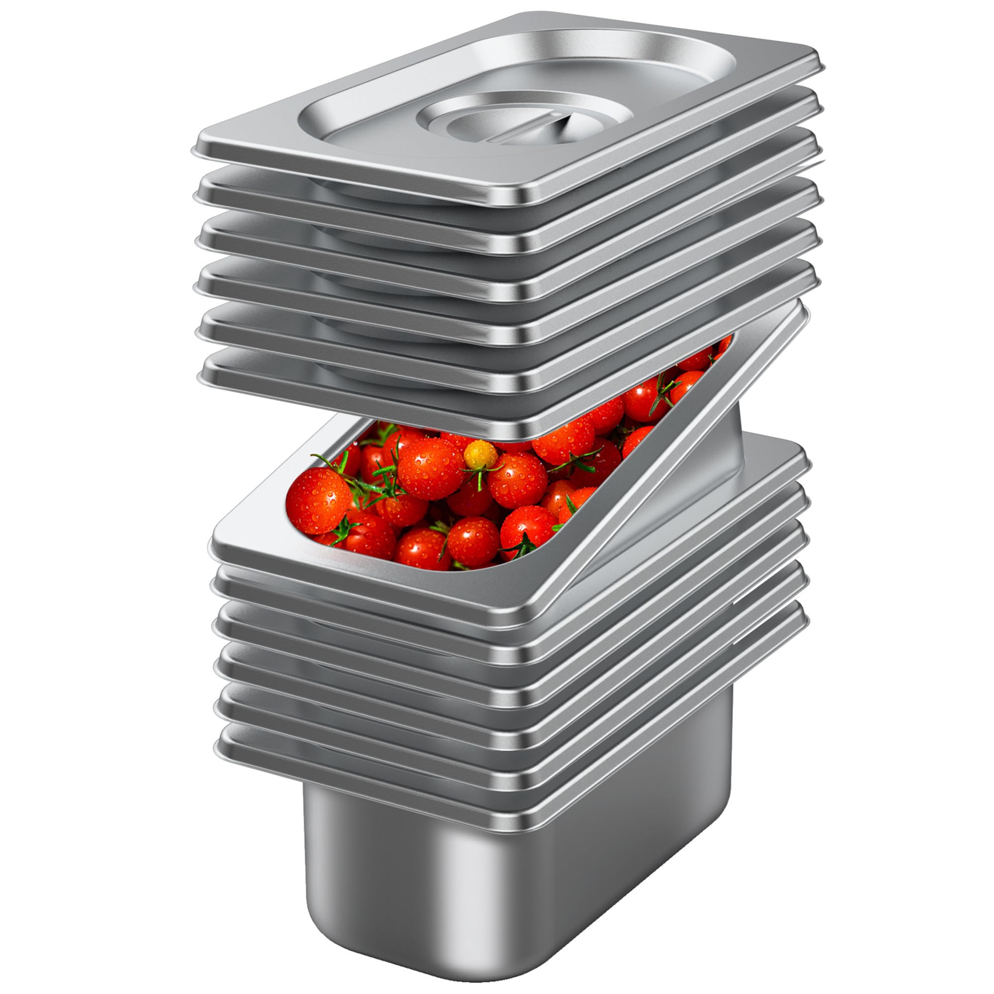 Photo 1 of HNEDSEN 6 Pack Stainless Steel Hotel Pan With Lids 1/9 Size 2.5 Ince Deep Steam Table Metal Food Pan Steamer Trays for Buffet Catering Pans Metal Commercial Kitchen Pans