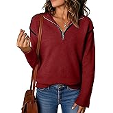 EVALESS Womens Sweaters V Neck Long Sleeve Quarter Zip Collared Ribbed Knit Dressy Casual Pullover Sweaters Outfits