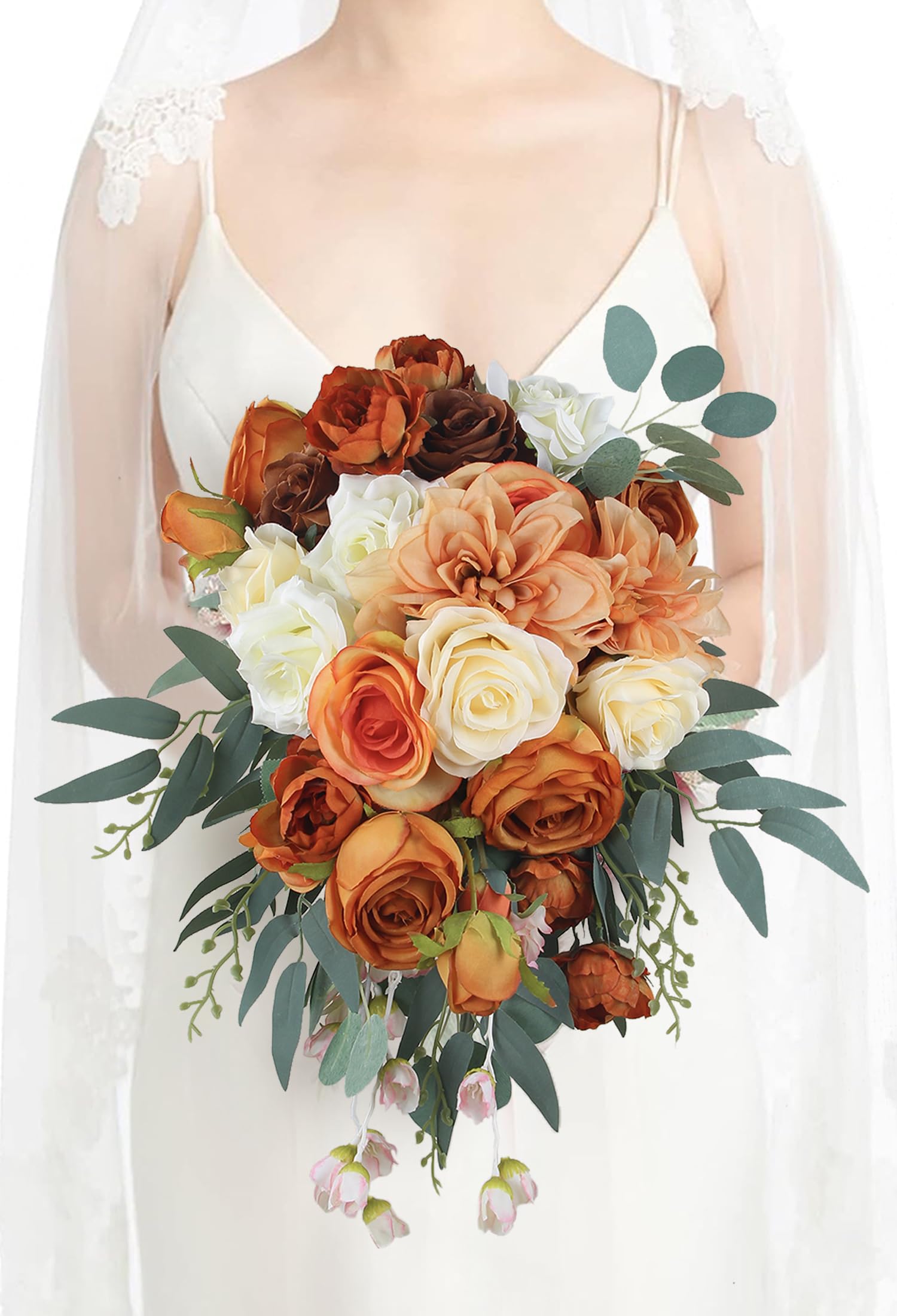 Rinlong 11.8“ Rusitc Burnt Orange Cascade Bouquet Fall Wedding Bouquets for Bride Cascading Wedding Bouquet of Flowers Teardrop Bridal Bouquet Wedding Artificial Flowers Bouquet