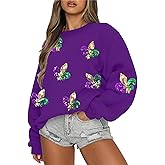 LUKYCILD Mardi Gras Sweatshirt Women Stripes Fat Tuesday Shirt Mask Graphic Carnival Long Sleeve Tee New Orleans Party Top