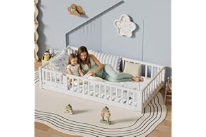 i-POOK Twin Floor Bed for Children, Sturdy Wood Montessori Bed Frame with Wood Slats, High Fence & Small Door, Montessori Floor Bed for Girls and Boys, White