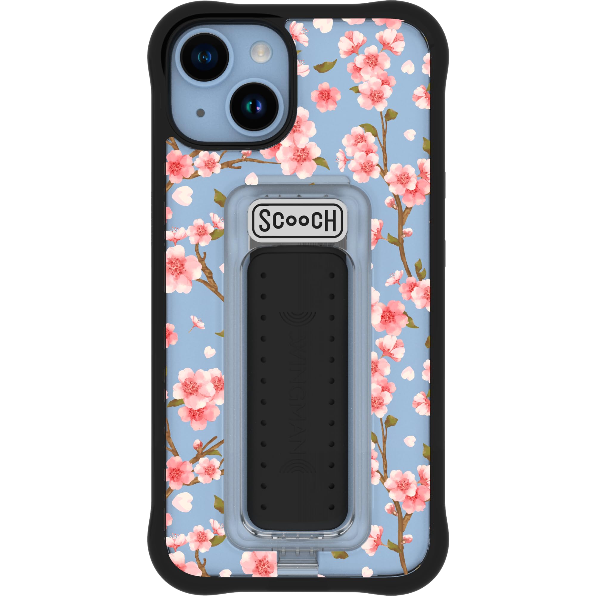 Scooch® for iPhone 14 Case with Stand, Wingman 5-in-1 Kickstand Case, Military Grade Drop Protection, Pop-Out Kickstand, Phone Grip, Car Mount, Pink Cherry Blossoms
