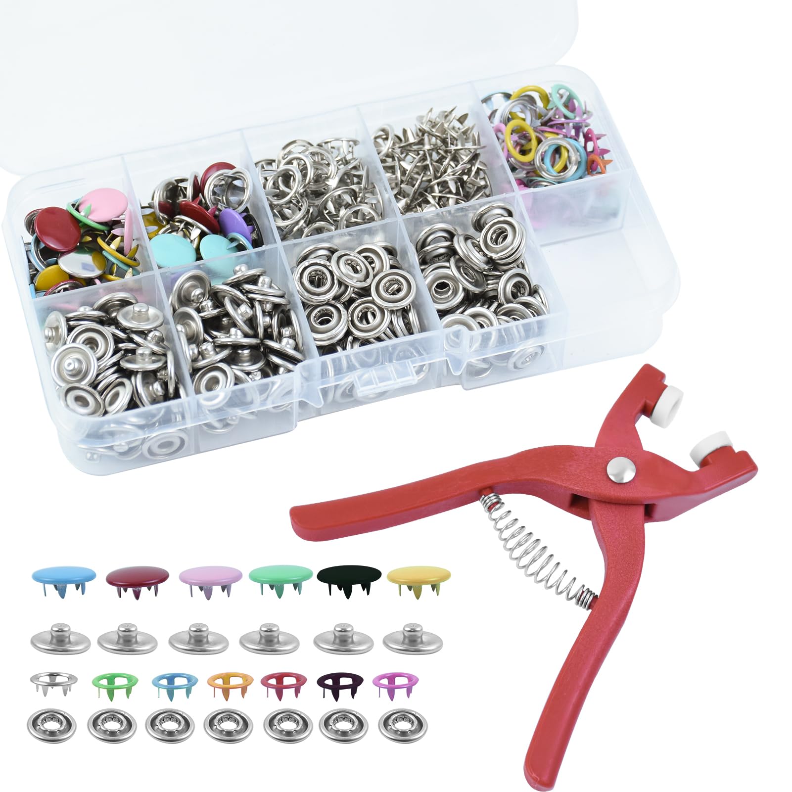 100 Set Snap Button Fastener Kit, Metal Snaps Buttons with Fastener Pliers Press Tool Kit Five Claw Buckle Tool Set Press Studs Snap Fasteners No Sewing Poppers Fasteners for Sewing Diy Crafts Clothes