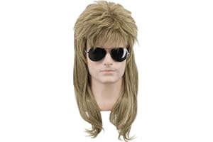Yuehong Long Brown Mens Mullet Wig 70s 80s Rock Star Style WigHeat Resistant Synthetic Fibers Soft Breathable Wig(Brown)