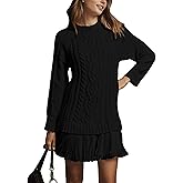 MINSURE Women Cable Knit Sweater Dress Crewneck Long Sleeve Pleated Mini Dress Twofer Style Patchwork Dress(Black-M)
