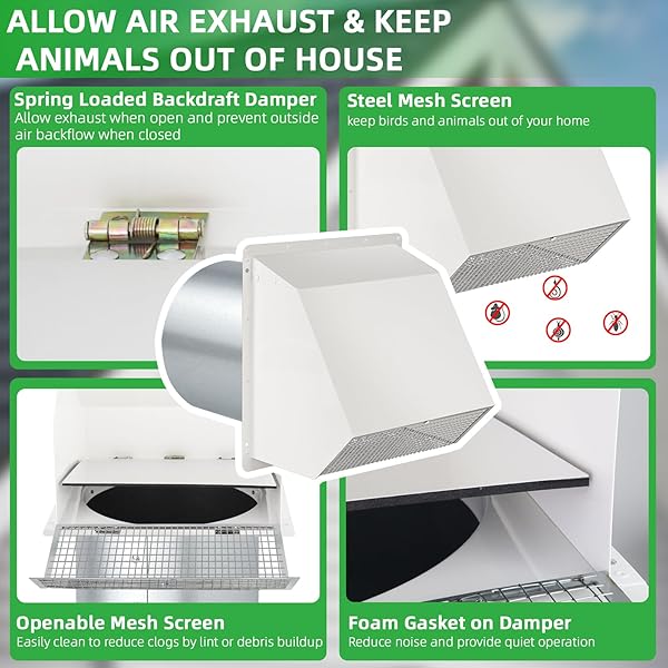 12 INCH HOODED WALL VENT WITH SCREEN AND DAMPER, OUTDOOR WALL EXHAUST VENT COVER CAP FOR DUCT DRYER RANGE HOOD EXTERIOR HEATING COOLING VENTILATION AND OUTSIDE AIR EXHAUST, GALVANIZED STEEL, WHITE