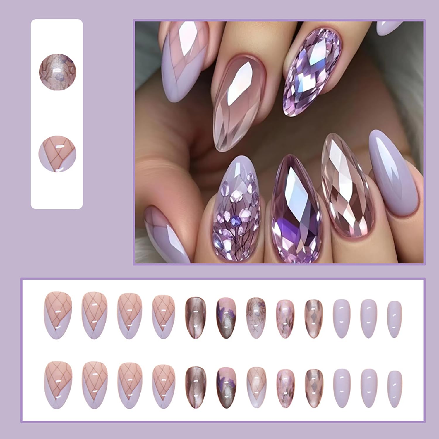 24 Pcs Medium Press on Nails Almond RIICFDD Fake Nails Light Purple Glitter False Nails Flower Design Artificial Glossy Full Cover Glossy Acrylic Nails for Women and Girls Nail Decor - Image 4