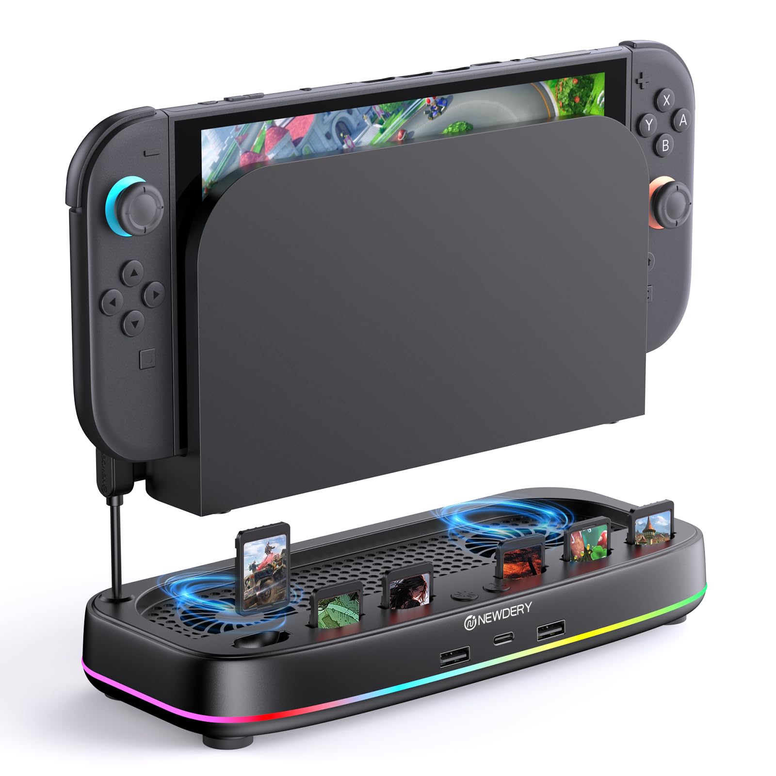 NEWDERY Cooling Fan for Nintendo Switch 2, Dual Fan Design, 6 Game Card Slots, 3 Wind Speeds Adjustable, RGB Light Modes& 3 USB Ports, Dock Cooldown Accessories for Switch 2