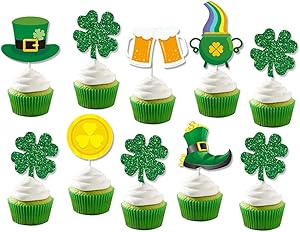 Happy St.Patrick's Day Glitter Cupcake Toppers Clover Leprechaun Hats for Carnival Holiday Irish Shamrock Theme Party Favor Supplies, Saint Paddy's Day Party Supplies