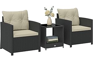 Outsunny 3 Piece Wicker Patio Furniture Set, PE Rattan Outdoor Bistro Set with Armchairs, 2-Tier Glass-Top Table, Cushions, O