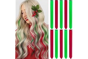 LADYAMZ Colored Hair Extensions 10 PCS, Colorful Party Highlights Clip in Long Synthetic Hairpieces, Red and Green Hair Extensions for Girls Women Kids Christmas New Year Cosplay Gifts 22 Inch