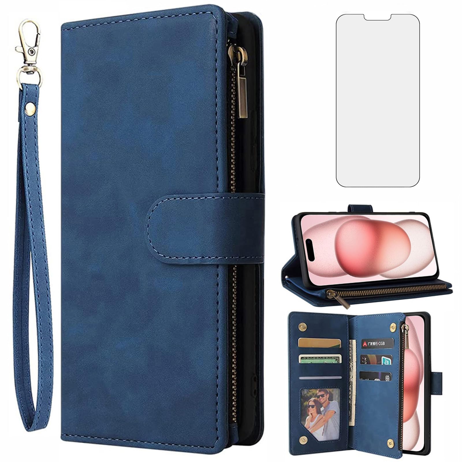 Asuwish Compatible with iPhone 15 Plus 6.7 inch Wallet Case Tempered Glass Screen Protector and Flip Cover Card Holder Cell Phone Cases for i-Phone 15+ iPhone15Plus 5G i i15 + iPhone15 15Plus Blue