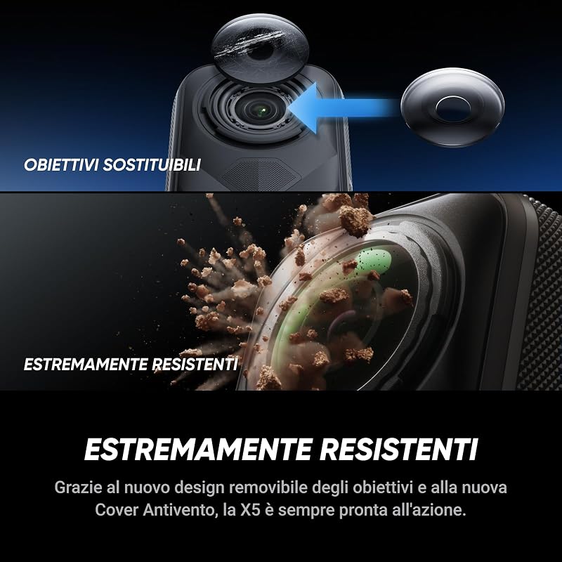 X5 - Action Cam Impermeabile 360° in 8K, Superba in Bassa Luce, Selfie Stick Invisibile, Obiettivi Sostituibili, Autonomia 3 ore, Cover Antivento, Stabilizzazione, Design con triplo Chip IA