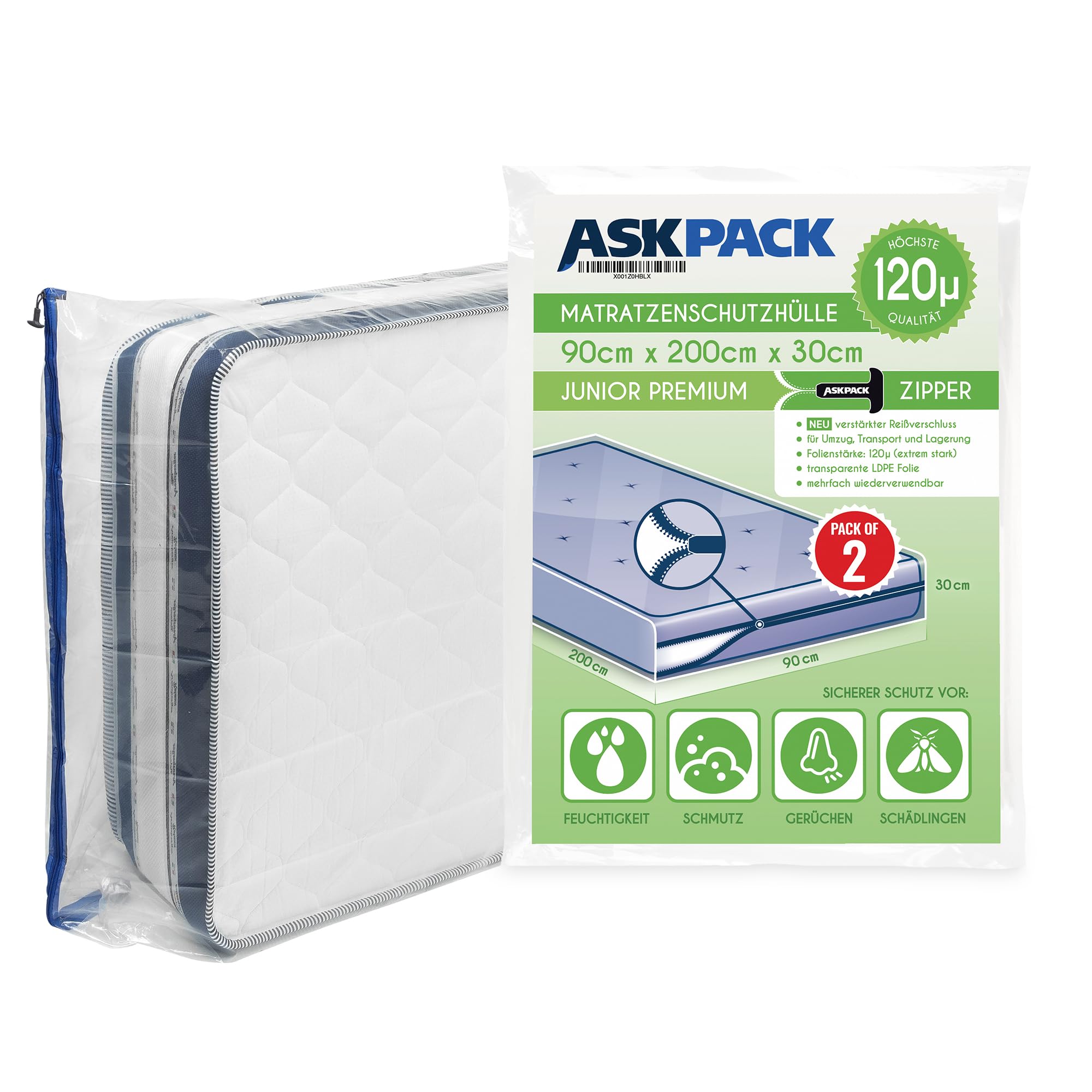 ASK Pack 2 Mattress Bags for Moving and Storage with Zipper - 4.7 Mil Heavy Duty Material - Size XS-XXL, Waterproof Mattress Cover, Tearproof - Reusable Mattress Protector Transport Bags - 90x200 cm