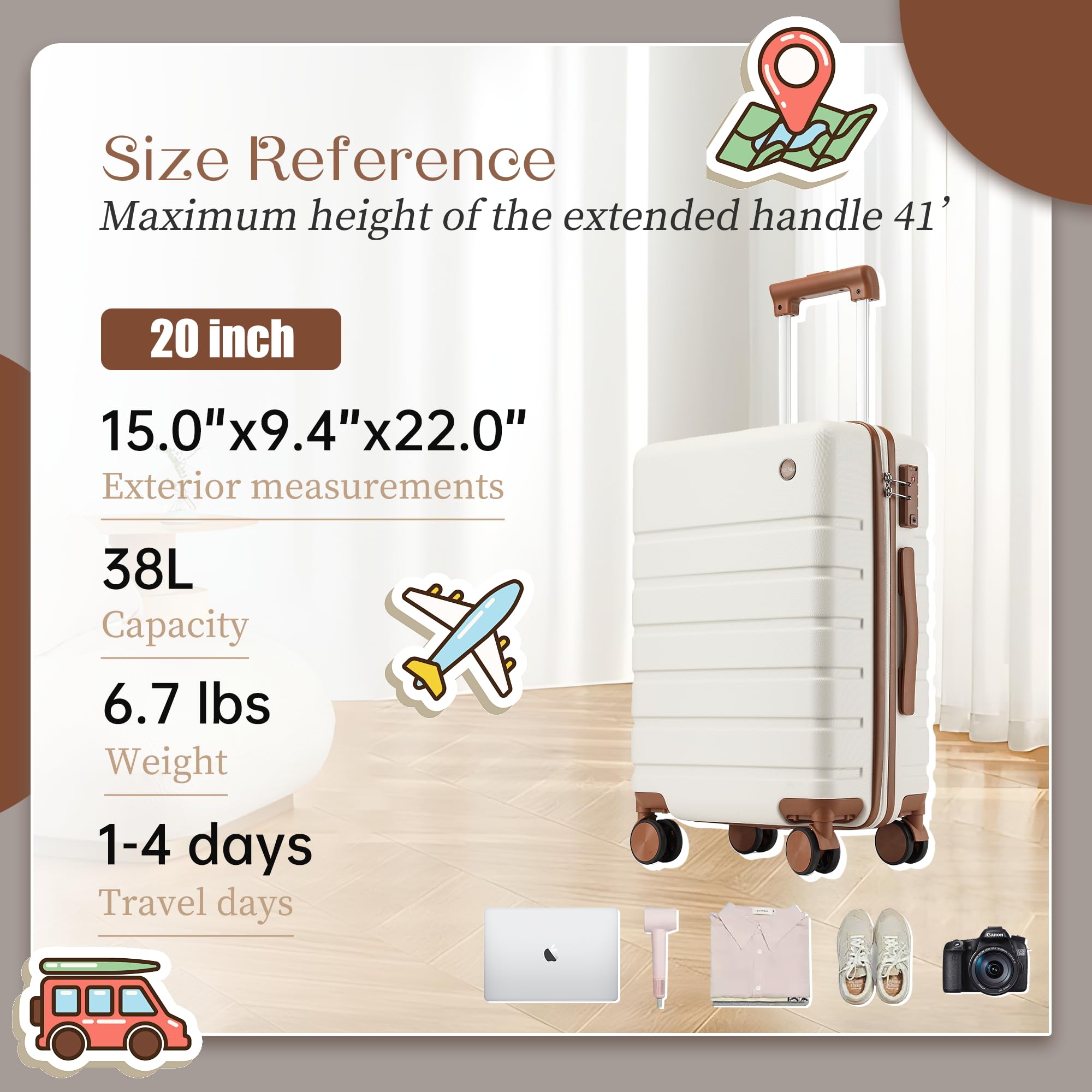 Hulsin Carry on Luggage Suitcase, 22x14x9 Airline Approved 20 Inch Hardside Carry-on Luggage with Spinner Wheels, Hard Shell Luggage with TSA Lock, Hard Case Small Travel Suitcase (White, 20-Inch)
