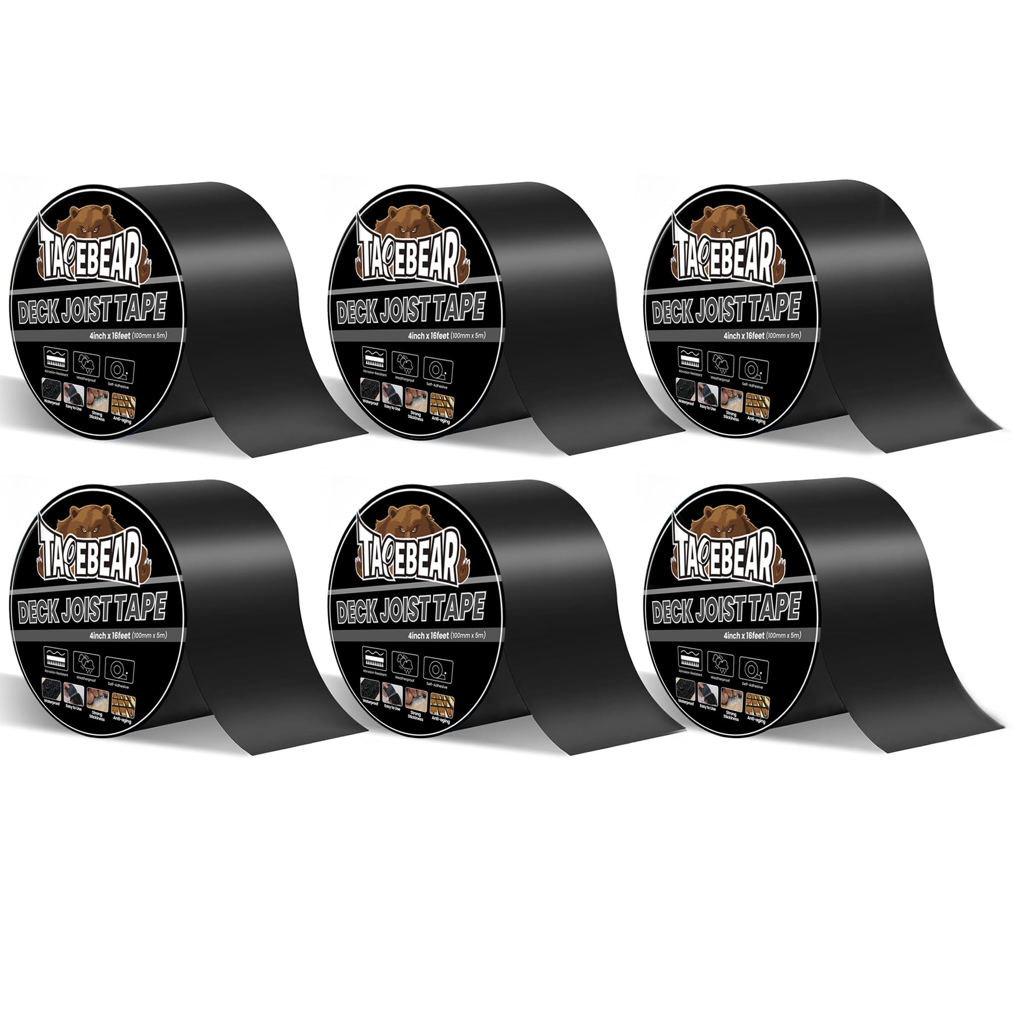 TAPEBEAR Butyl Joist Tape 100mm x 5m, Deck Flashing Tape Butyl Sealant Tape for Decking Subframe, Waterproof Anti-Corrosion Weather Resistant Tape for Wood Roof Decks Beams Rim, 6Rolls