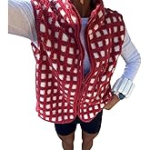 Usweetie Women Checkered Sherpa Fleece Vest Zip Up Sleeveless Jacket