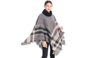 Belle Dame Women's Plaid Turtleneck Knit Poncho Batwing Tassels Shawl Cape Pullover Sweater Cloak High Collar