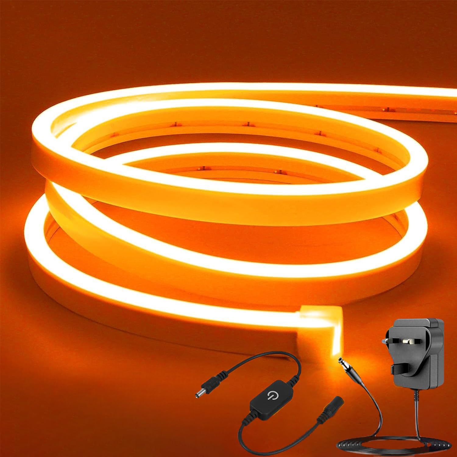 ShineBurky Orange Neon LED Strip Lights, 5M Cuttable Outdoor Rope Lights with Plug, 12V Waterproof Silicone Light Kit for Bedroom TV Backlight Gaming Room Monitor Ceiling Wall Window Decor Accessories
