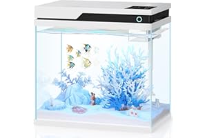 PONDON Smart Fish Tank 7 Gallon, Small Beta Fish Aquariums Startar Kit with Automatic Feeder, Glass Betta Tank with Filter and Light (7-Gal White)
