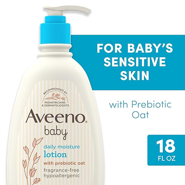 AVEENO BABY DAILY MOISTURE BODY LOTION FOR SENSITIVE SKIN, HYPOALLERGENIC MOISTURIZING BABY LOTION WITH NOURISHING OATMEAL TO DEEPLY MOISTURIZE BABY’S SKIN, FRAGRANCE-FREE, 18 FL. OZ
