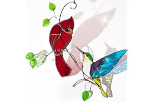 GLASS ART STORIES Hummingbird Cardinal Birds Stained Glass Suncatcher Genuine Stained Glass Window Hangings Unique Indoor Ornament & Outdoor Decor (Cardinal and Hummingbird)